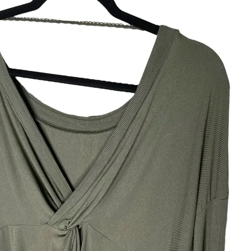 Free People Olive Green Open Back Top Ribbed Boho Twist Back Long Sleeve Small